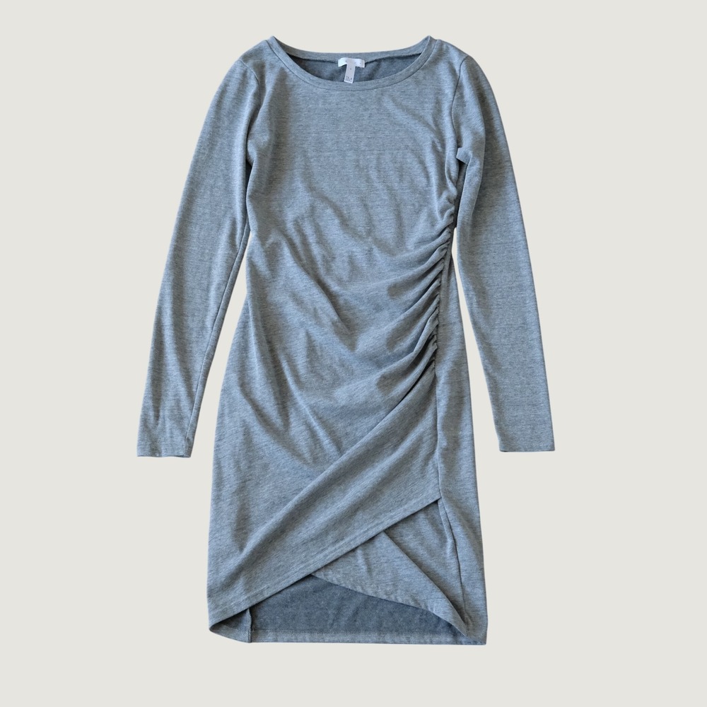 Leith Dress Ruched Tulip Hem Gray Heathered Long Sleeve Size S Bodycon Casual